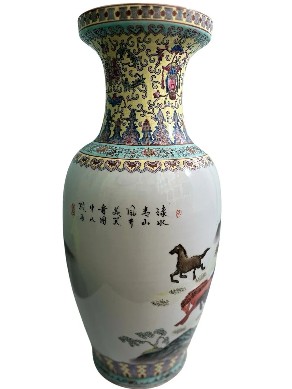 Vintage Asian Chinese Style Porcelain Flower Vase Handmade Beautiful Horses